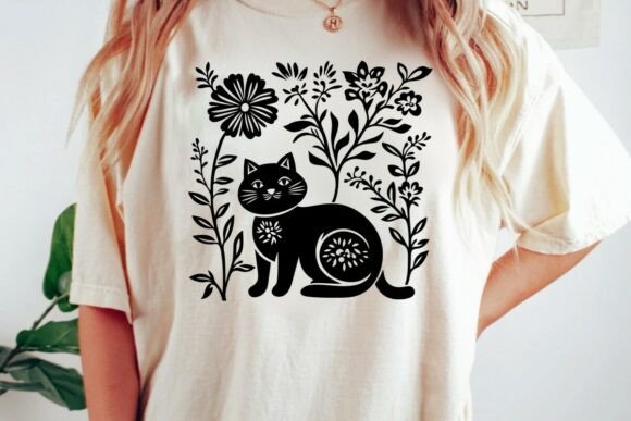 Charming Folk Art Cat Floral Outline Design: Your Next Creative Asset